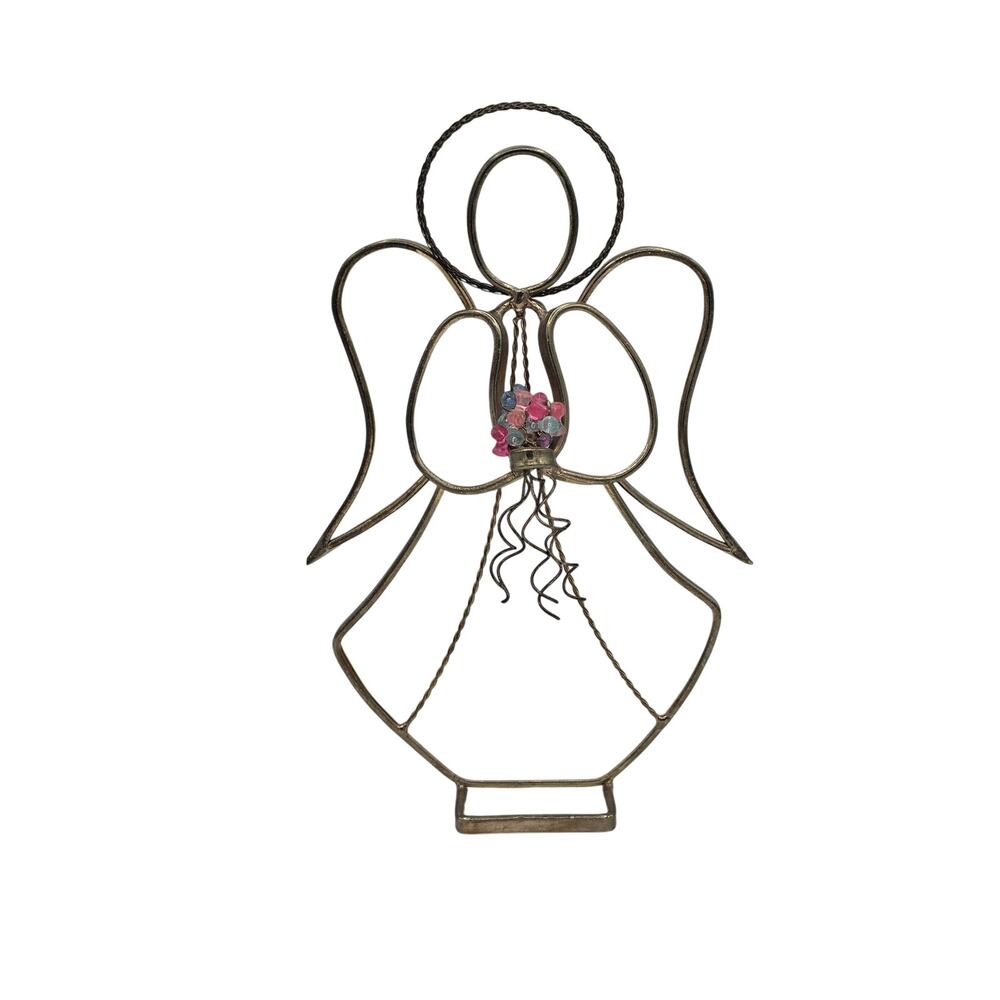 Vintage Stained Glass Angel Figurine Suncatcher White 9" Holding Flower Bouquet